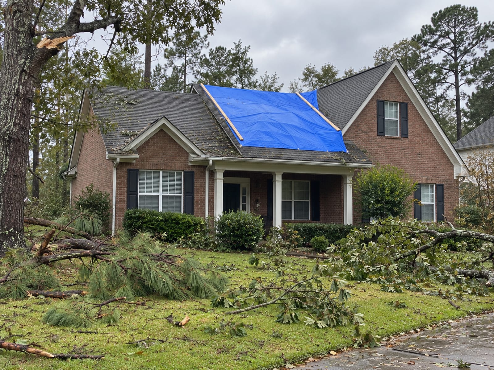 A blue tarp secured over a damaged section of a house roof after a storm