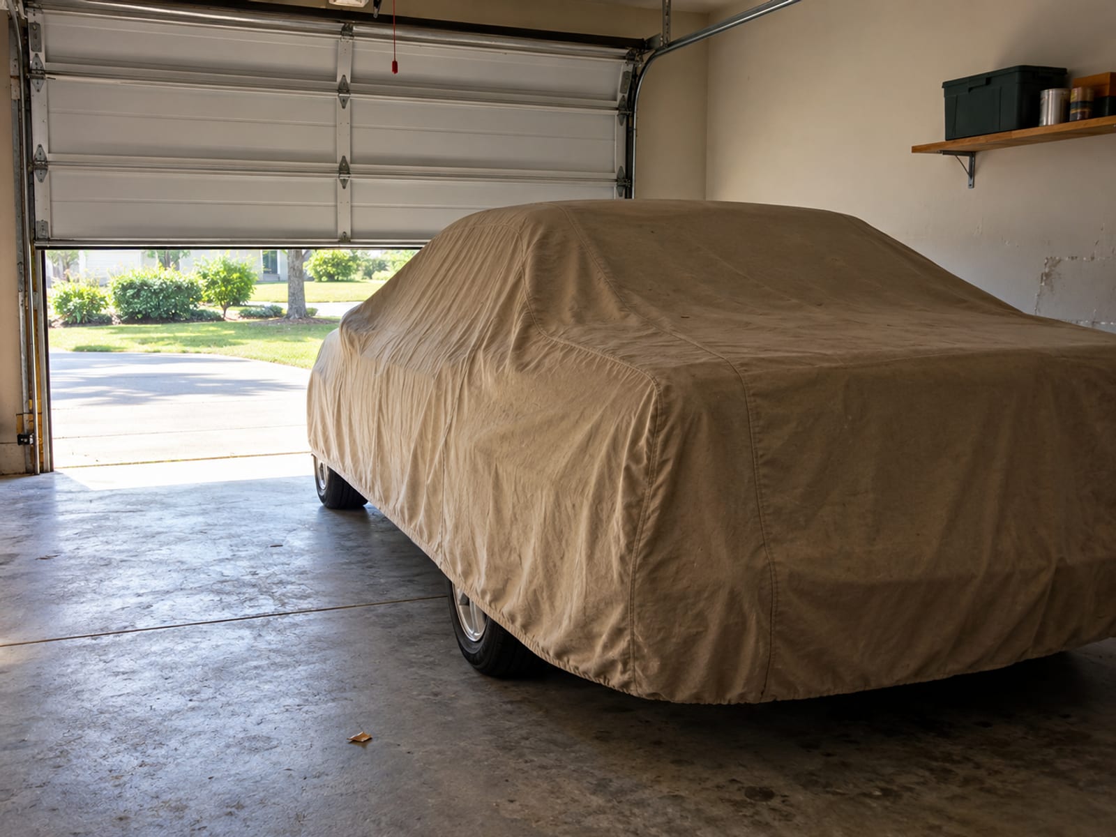 A covered car parked in a clean garage with the door half open