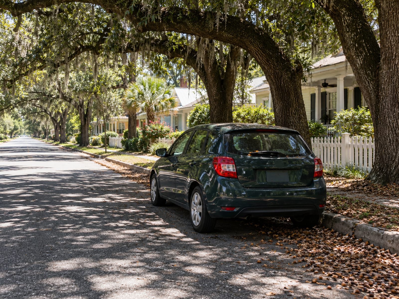A car parked alone at the curb of a quiet street under shade trees