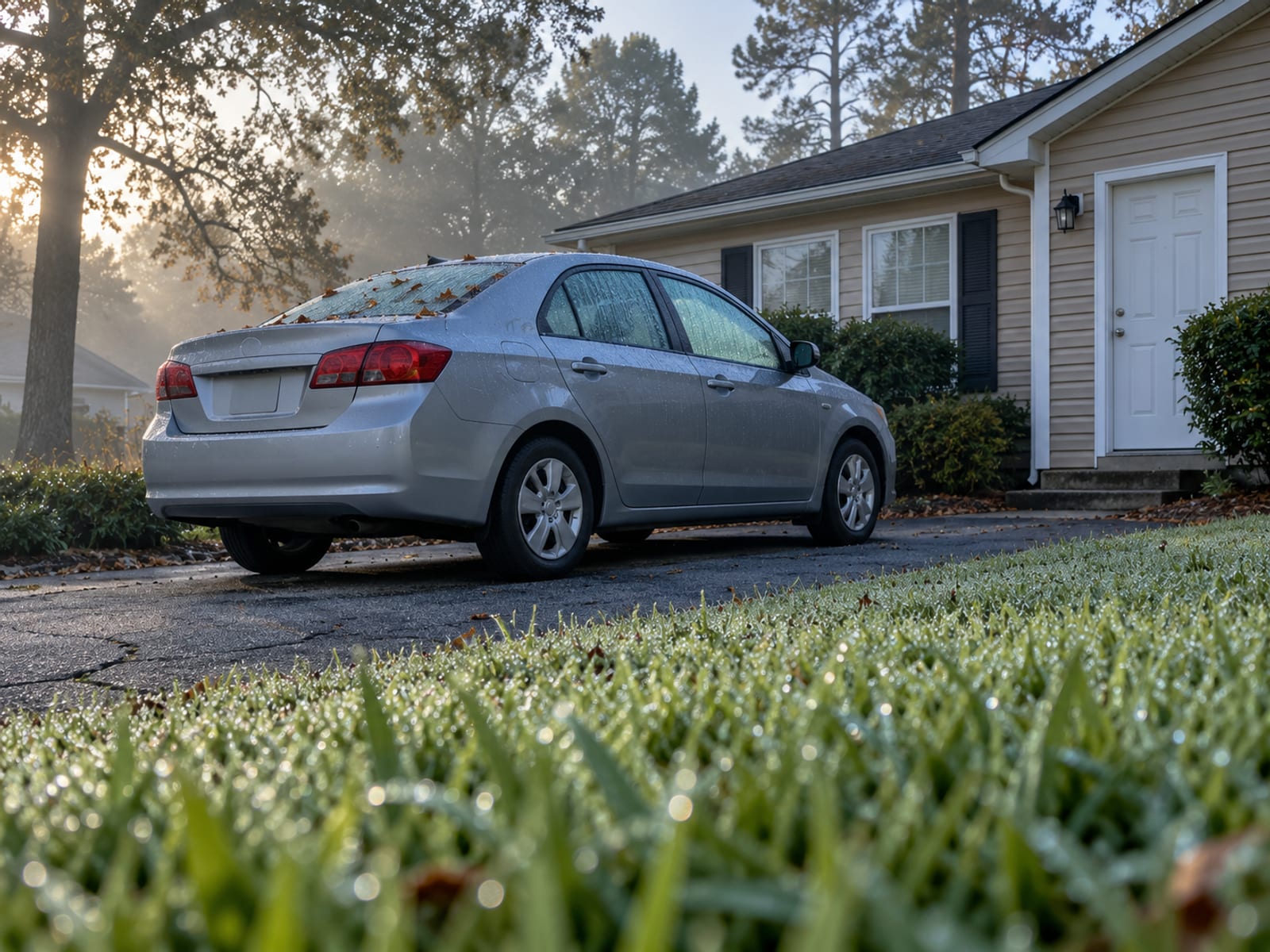 A car parked in a residential driveway in early morning light