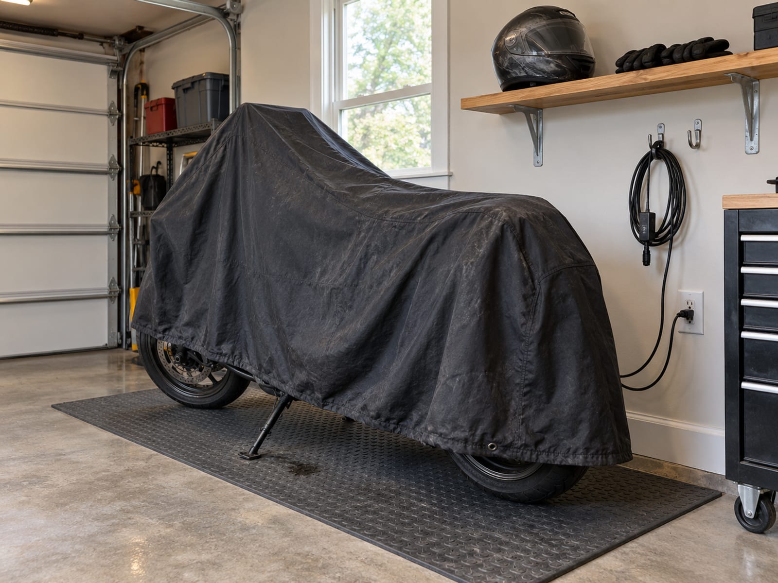 Una motocicleta cubierta con una funda ajustada en un garaje ordenado de casa