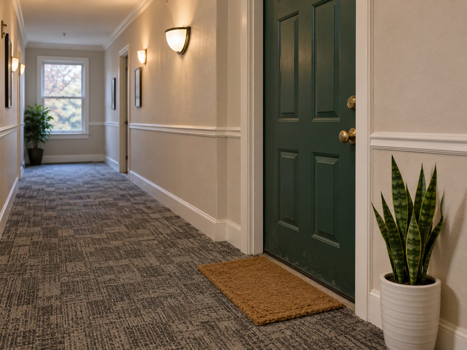 An apartment door with a welcome mat and a potted plant in a quiet hallway