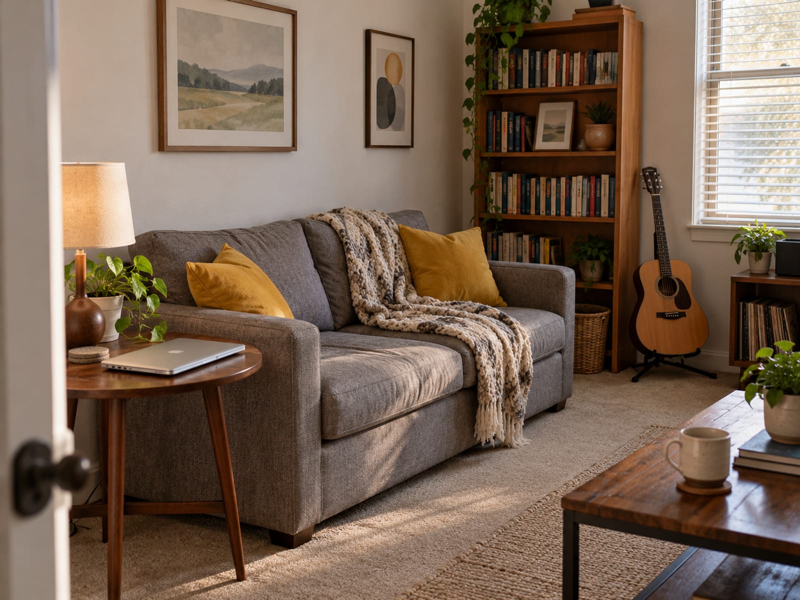 A small apartment living room with a sofa, a bookshelf and a laptop on a side table