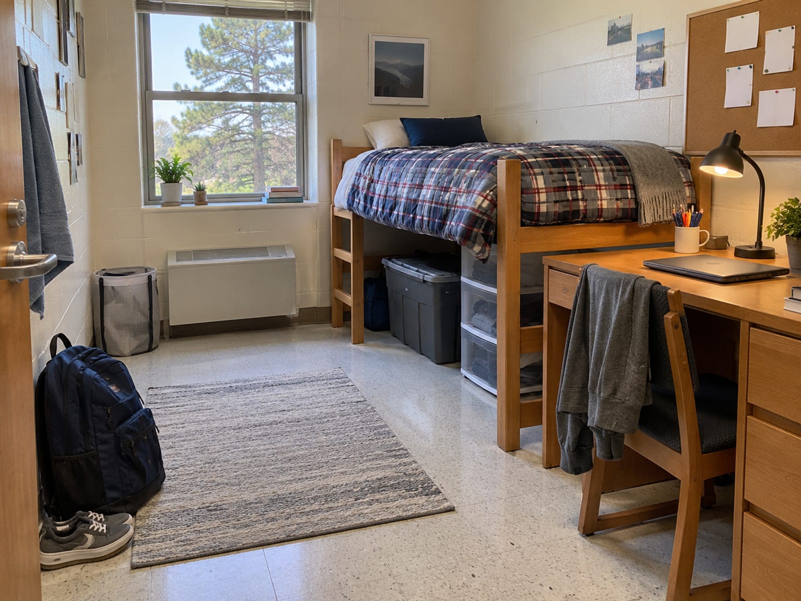 A college dorm room with a desk, a bed and a backpack by the door