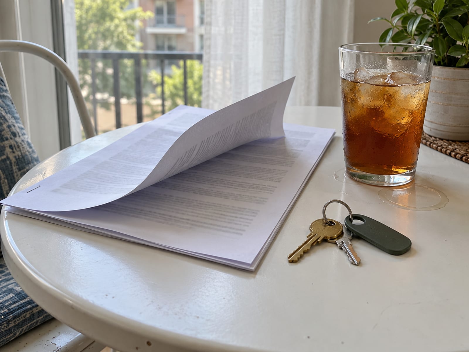 A printed lease lying open on a table, pages slightly fanned, beside a set of apartment keys