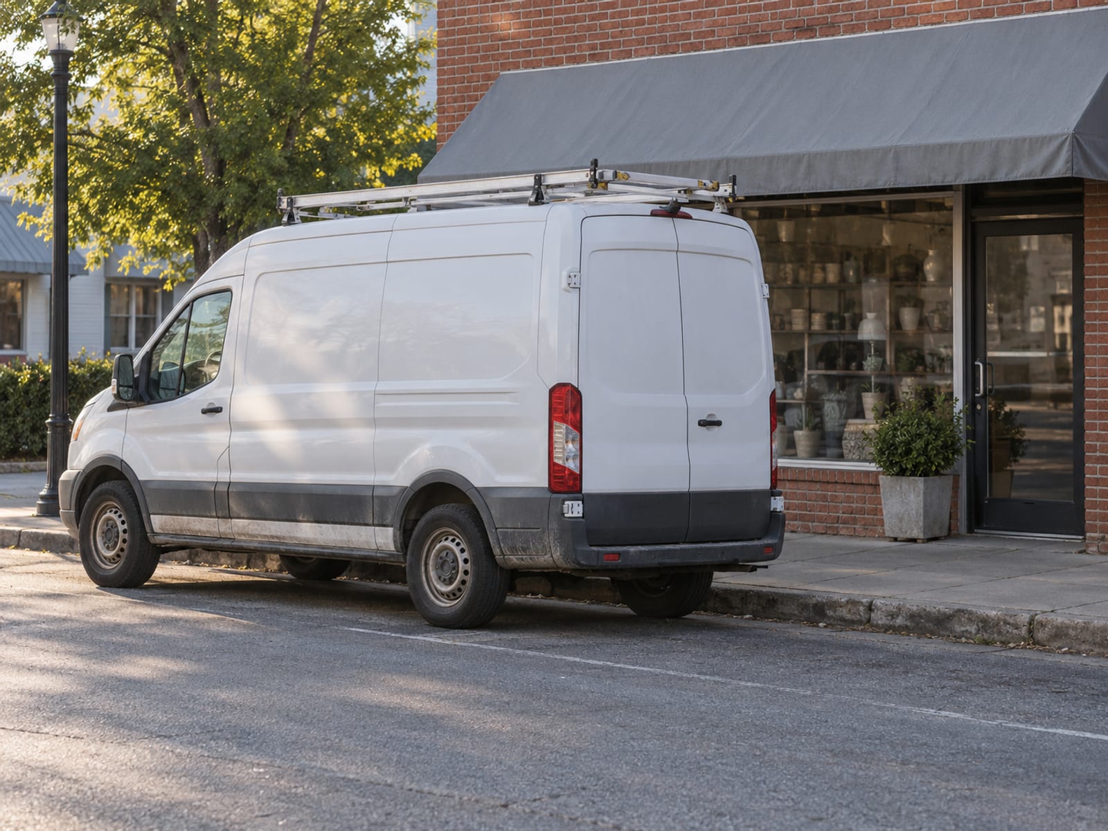 A white cargo van parked at a curb beside a small storefront in the morning