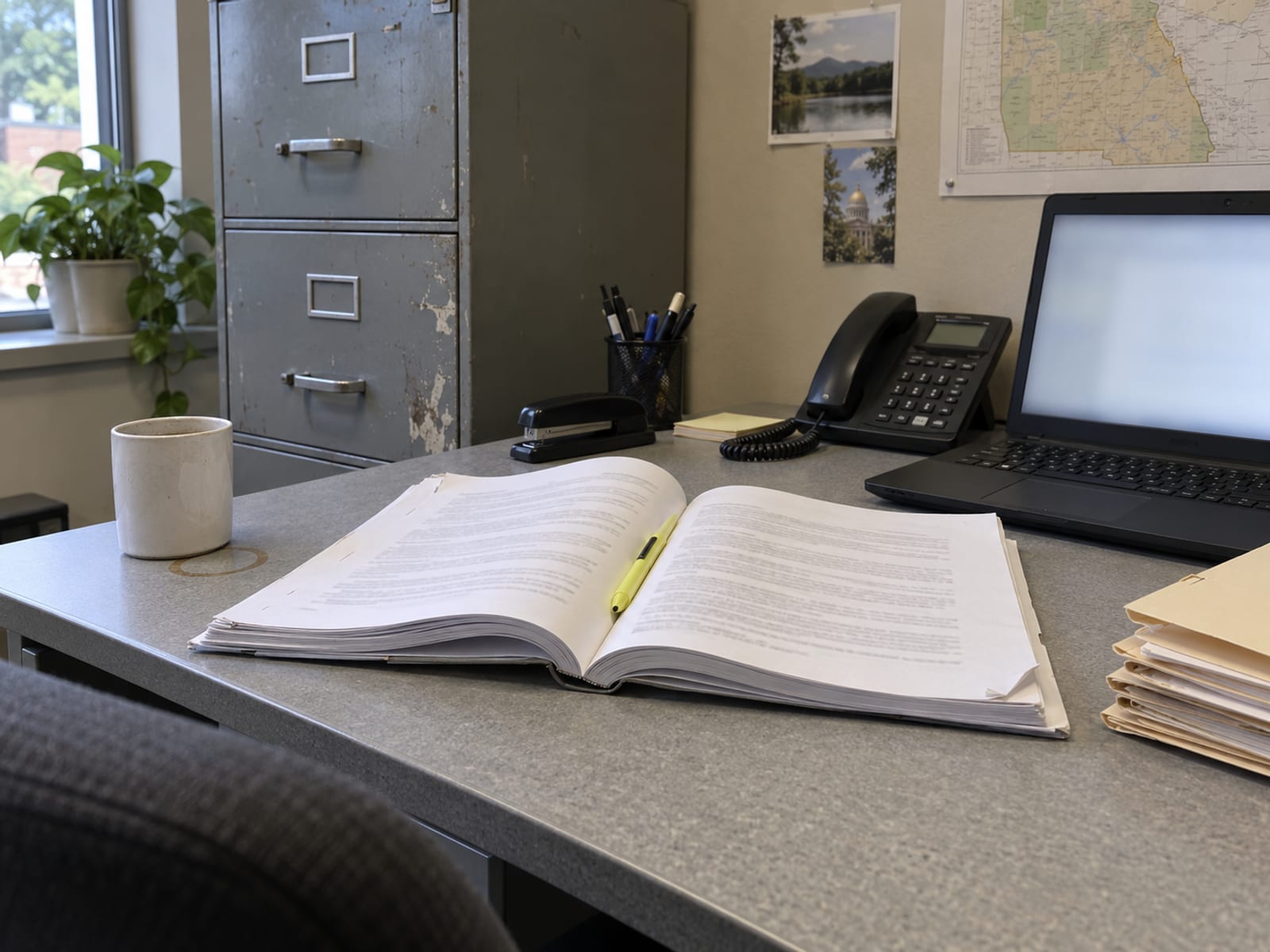 A printed commercial lease lying open next to an open laptop on an office desk
