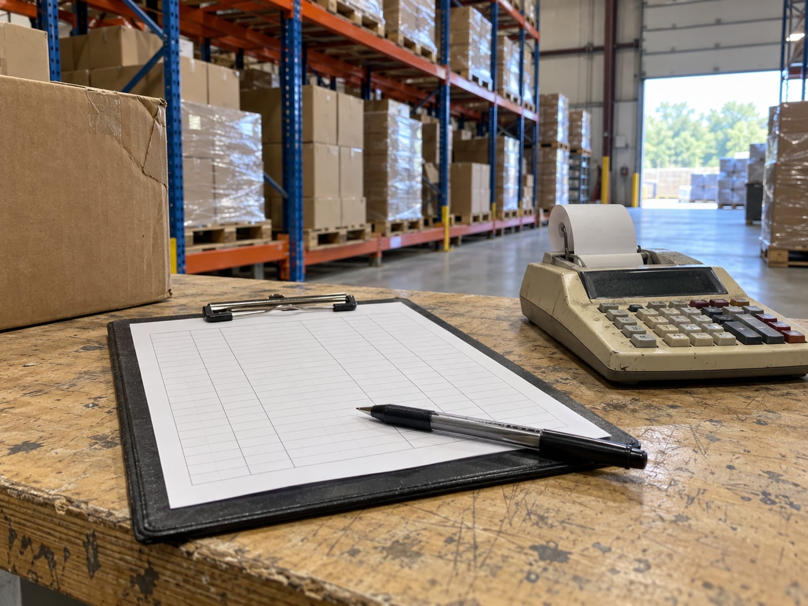 A clipboard holding a blank payroll worksheet on a warehouse counter beside a calculator