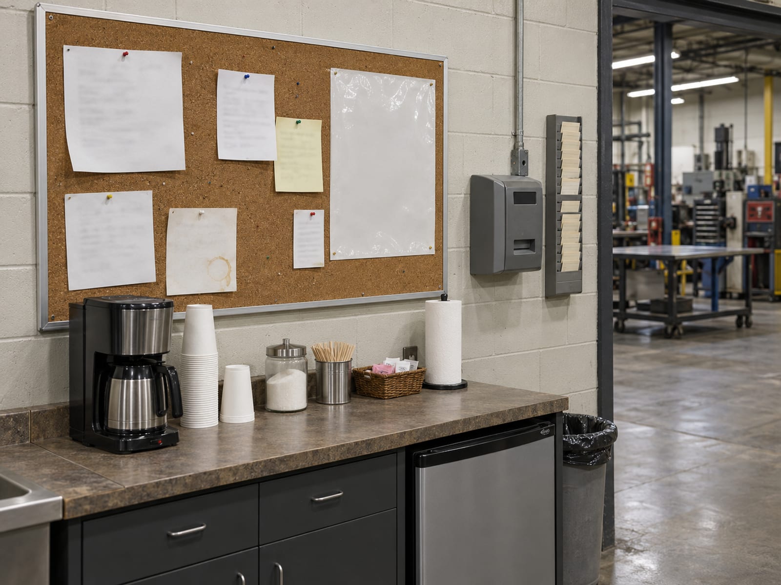 A small workshop break area with a bulletin board, a time clock and a coffee station