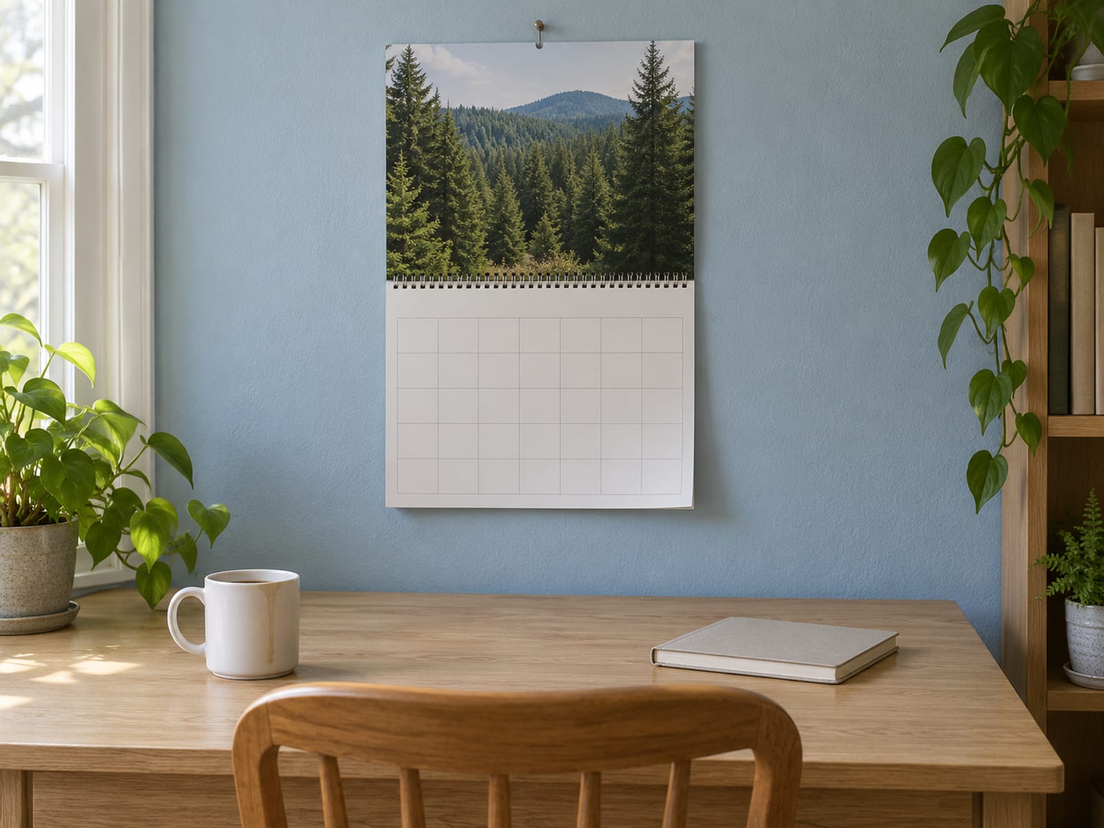 A wall calendar with no readable dates hanging above a desk with a coffee mug