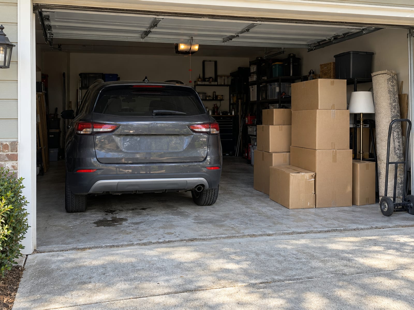 Moving boxes stacked beside a car in an open garage