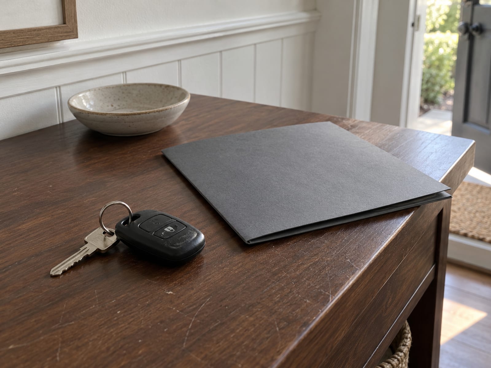 A set of car keys on a table beside a closed folder