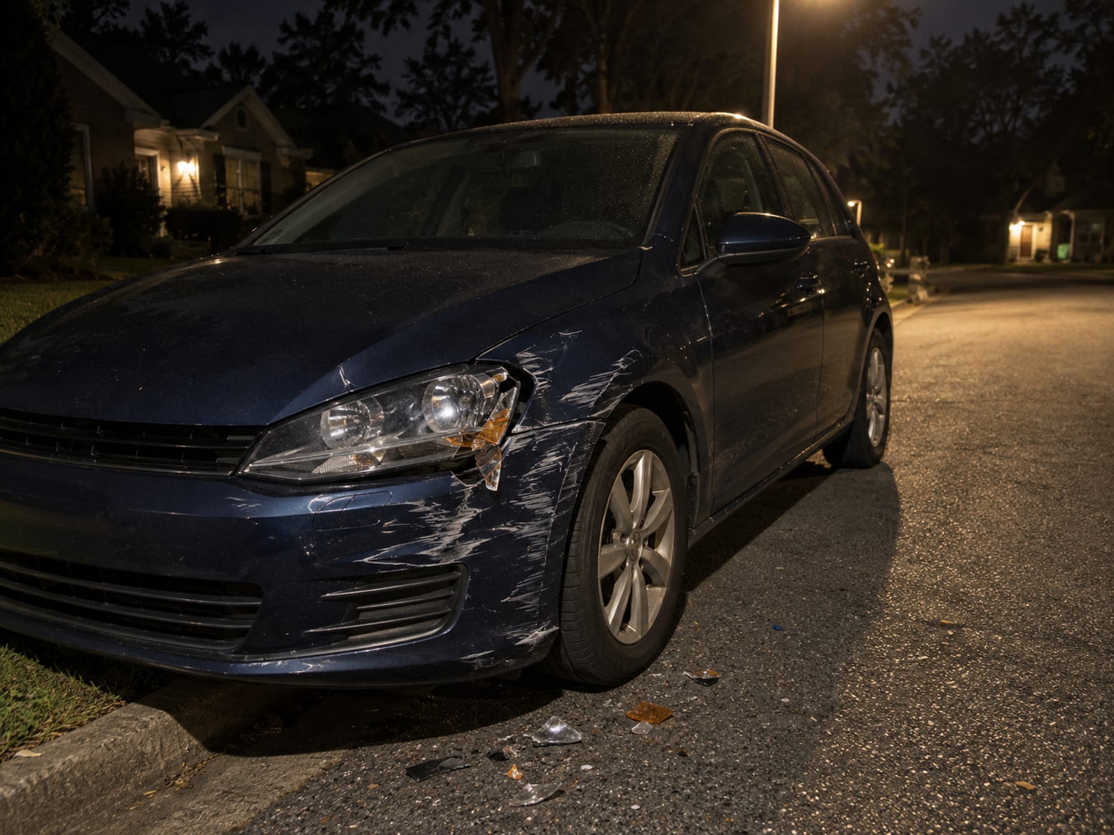 Un auto con el guardabarros delantero raspado, estacionado en una calle residencial de noche bajo un farol