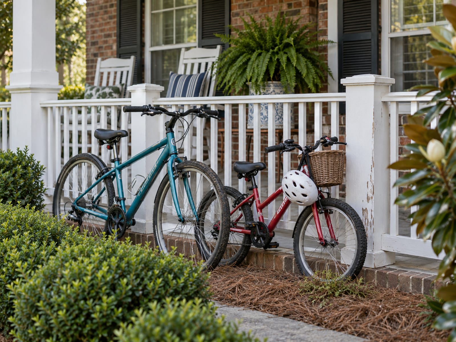 Dos bicicletas apoyadas en la baranda del porche de una casa de suburbio