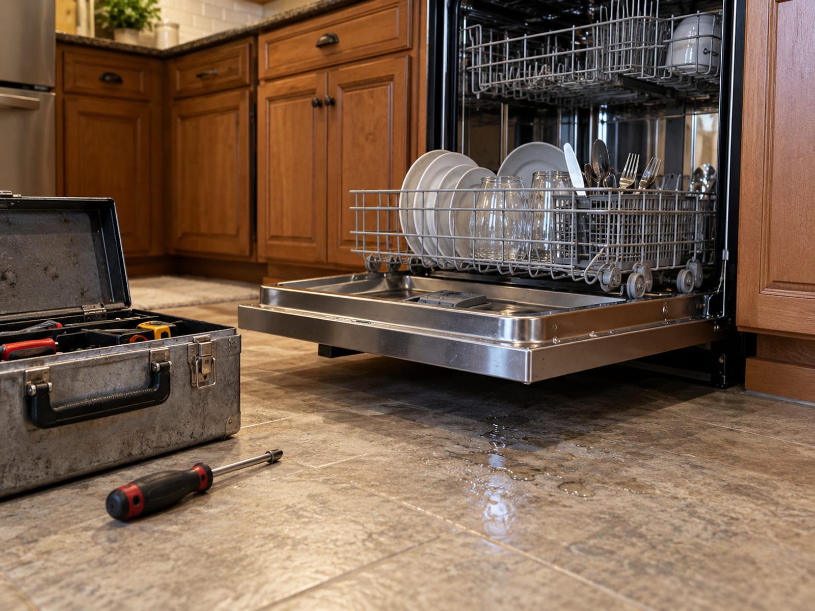 A technician seen from behind kneeling beside an open dishwasher with a toolbox on the kitchen floor