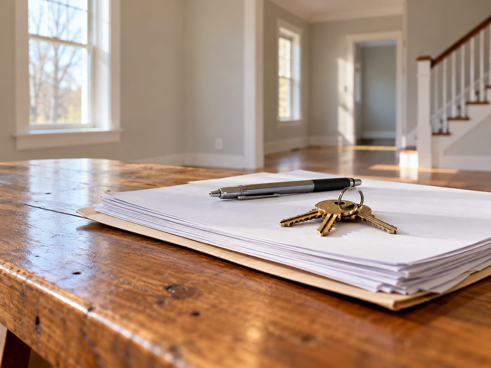A stack of blank closing documents with a pen and a set of house keys on a table