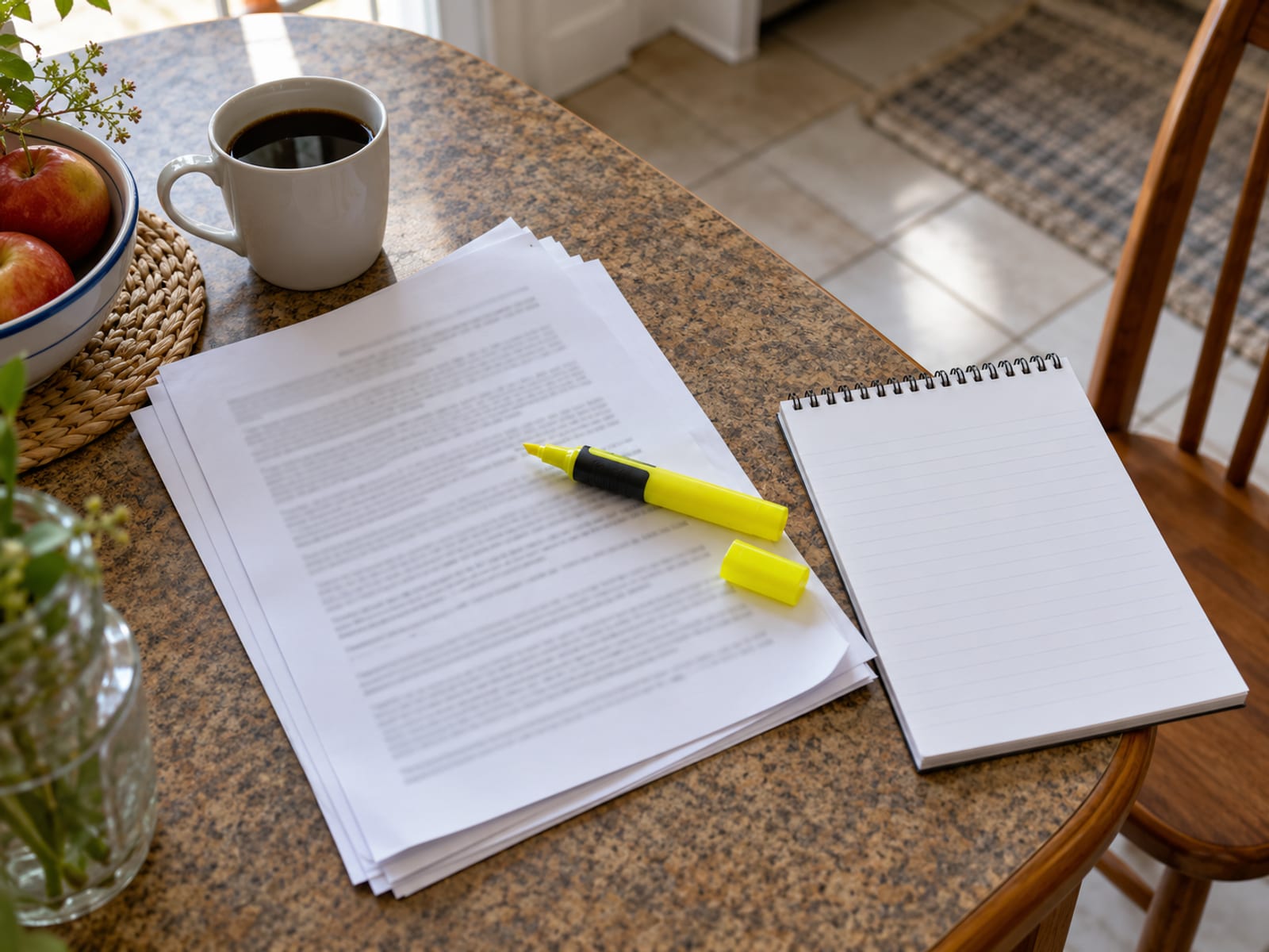 A printed contract with a highlighter and a notepad on a kitchen table