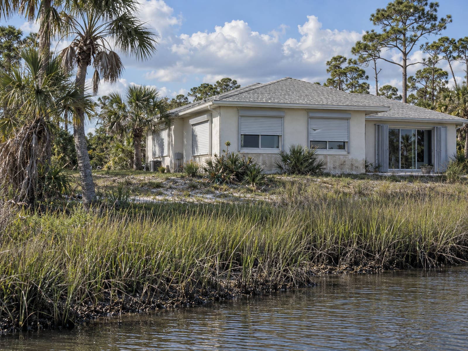 A one-story coastal home with storm shutters near a marsh under a blue sky