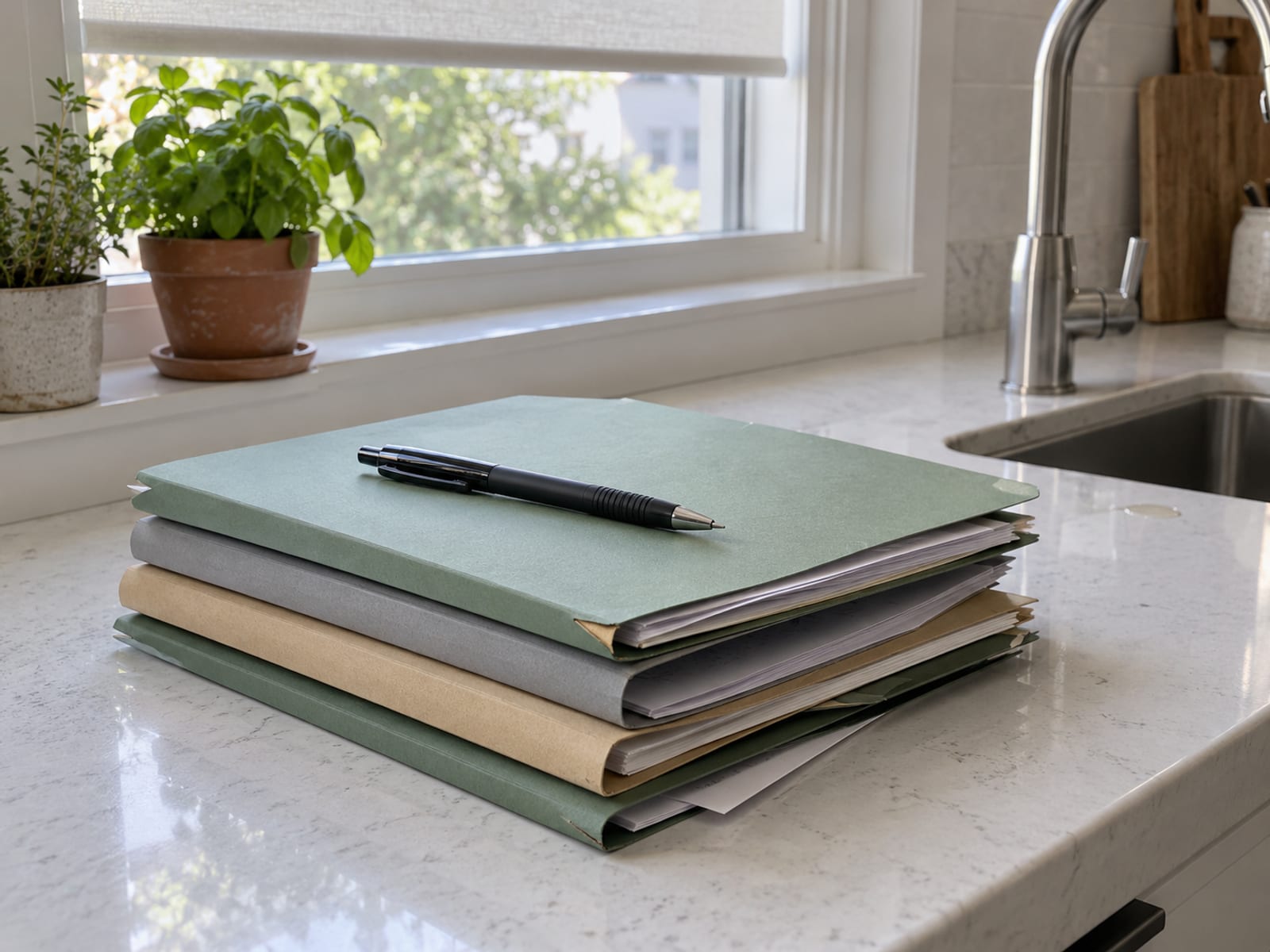 A neat stack of plain paper files and a pen on a kitchen counter next to a window
