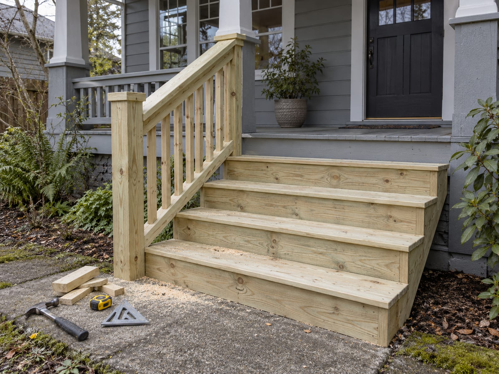 New wooden porch steps and a fresh handrail on the front of a house, with tools set to one side