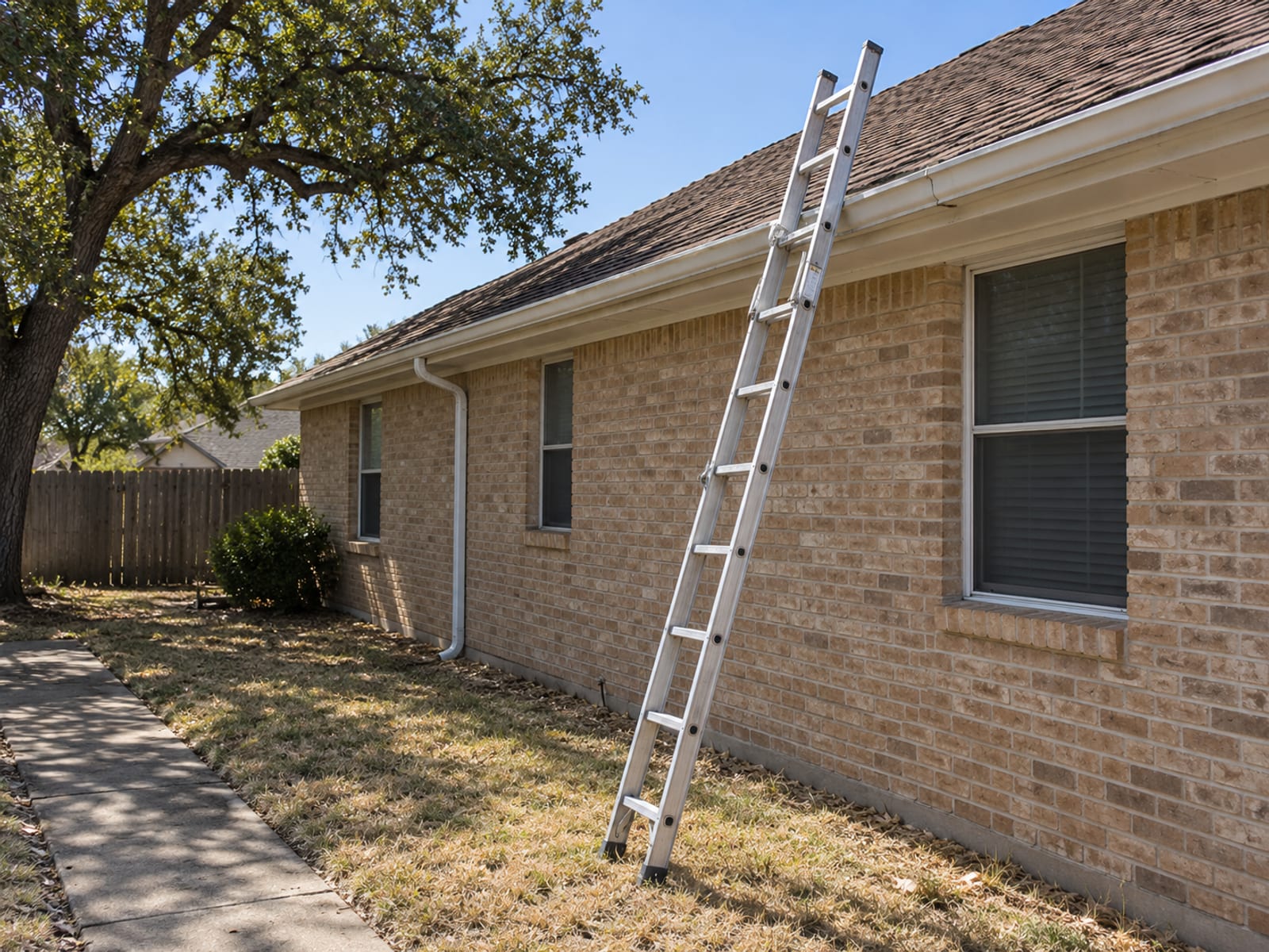 A home exterior with a ladder leaning against the gutter line of a shingled roof on a clear day
