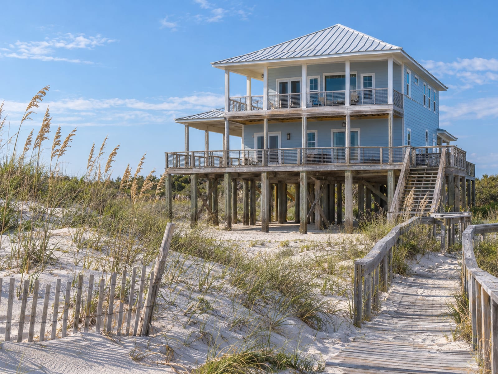 A raised coastal house on wooden pilings near dunes and sea grass on a clear day