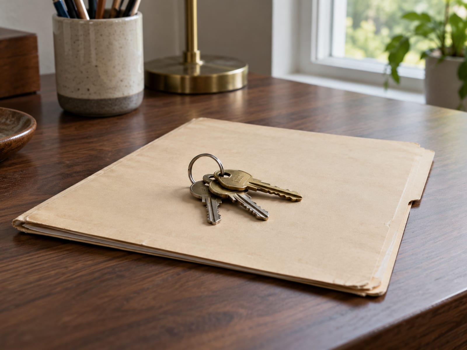 A set of house keys resting on a closed paper folder on a wooden desk