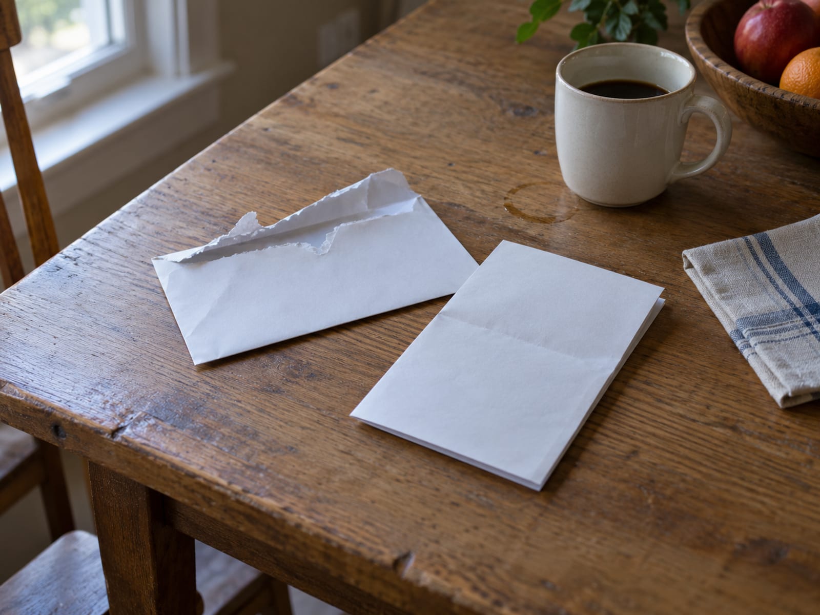 An opened envelope and a folded letter lying face down on a kitchen table beside a mug