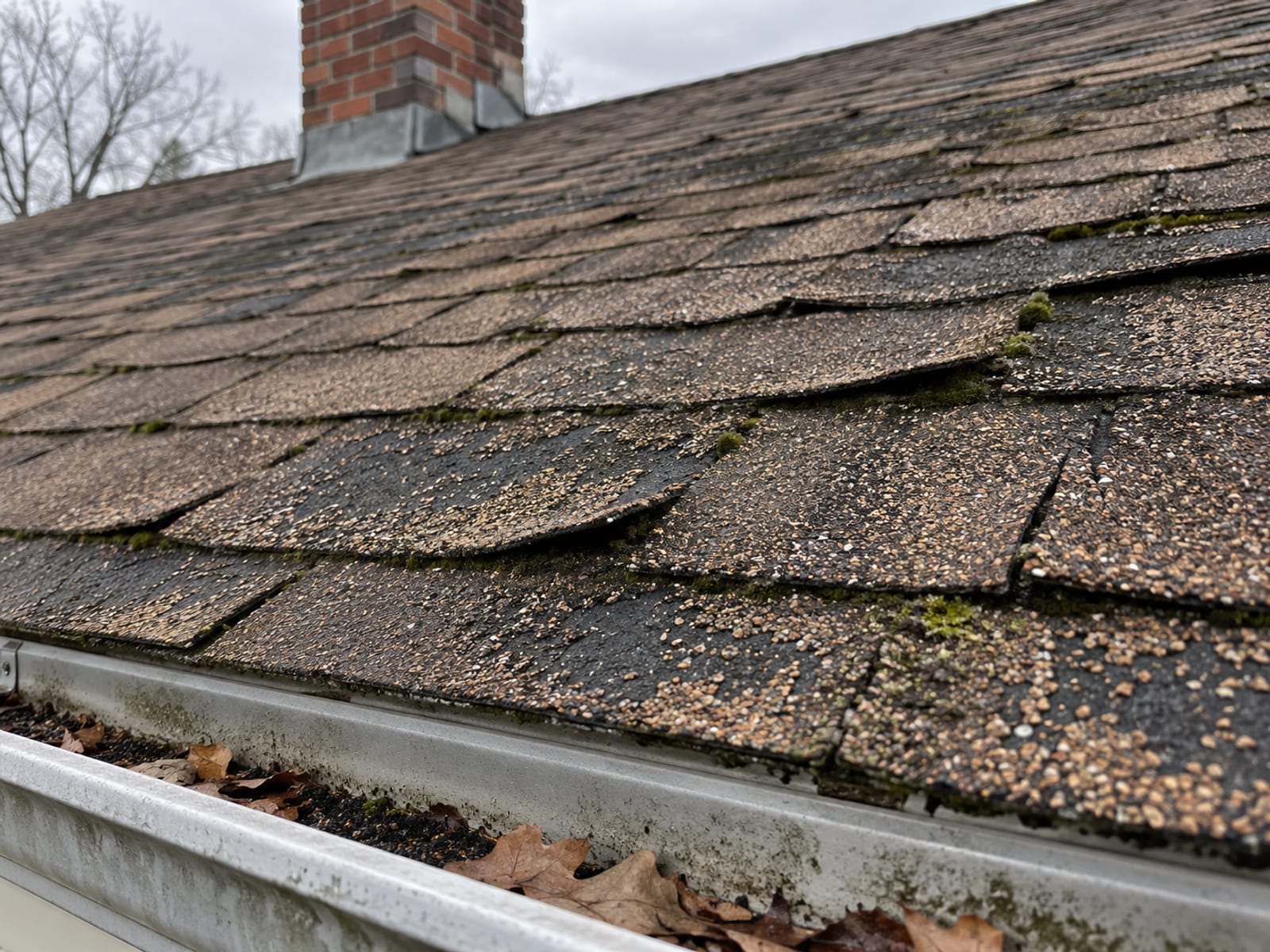 An older asphalt shingle roof with worn and curling shingles under an overcast sky