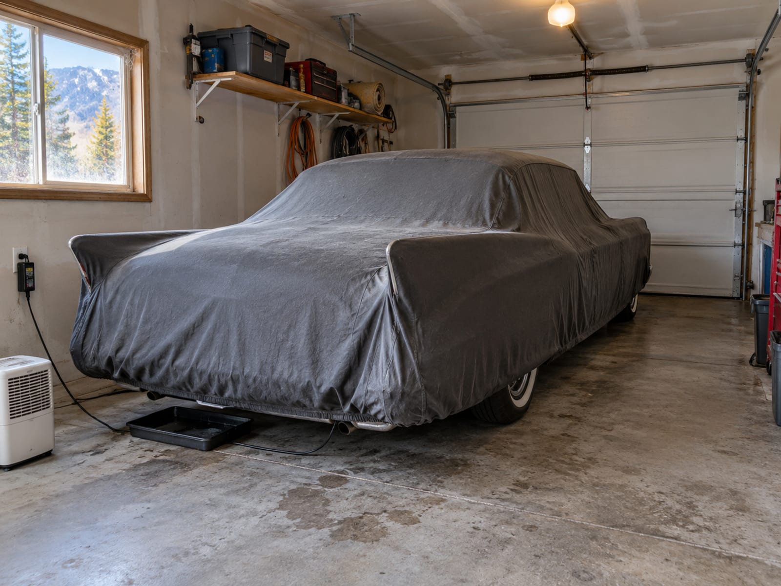 A classic car under a fitted fabric cover inside a closed garage