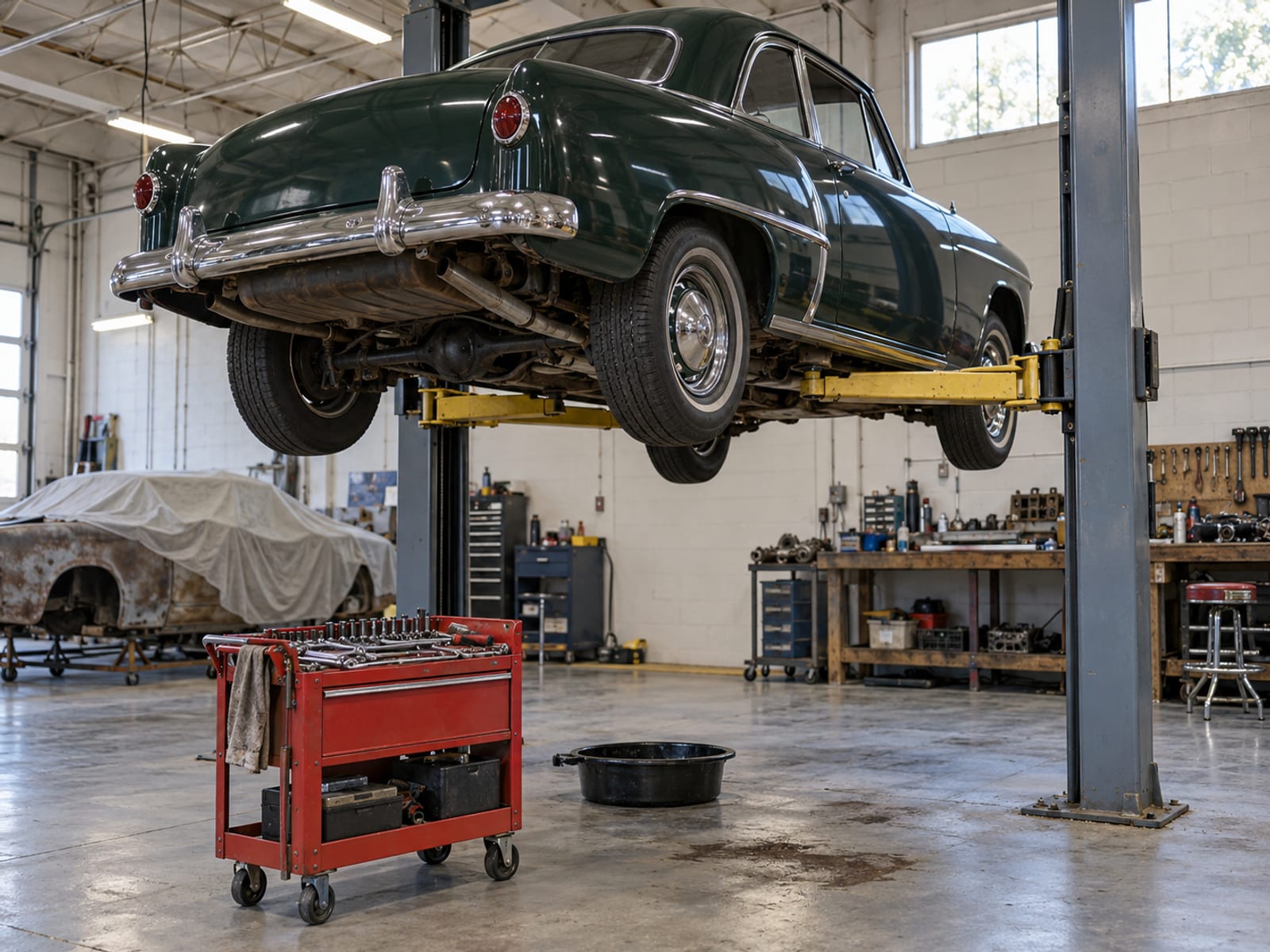 A vintage car without badges raised on a lift in a tidy restoration shop, tools on a rolling cart
