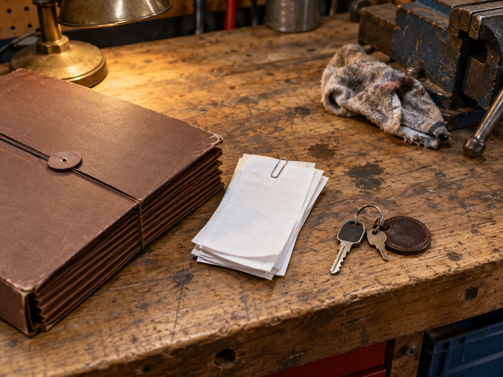 A closed folder, a stack of blank receipts and a set of car keys on a wooden workbench
