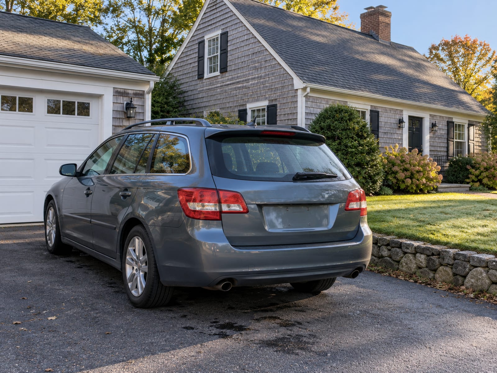 A family station wagon parked in a driveway beside a house on a clear morning