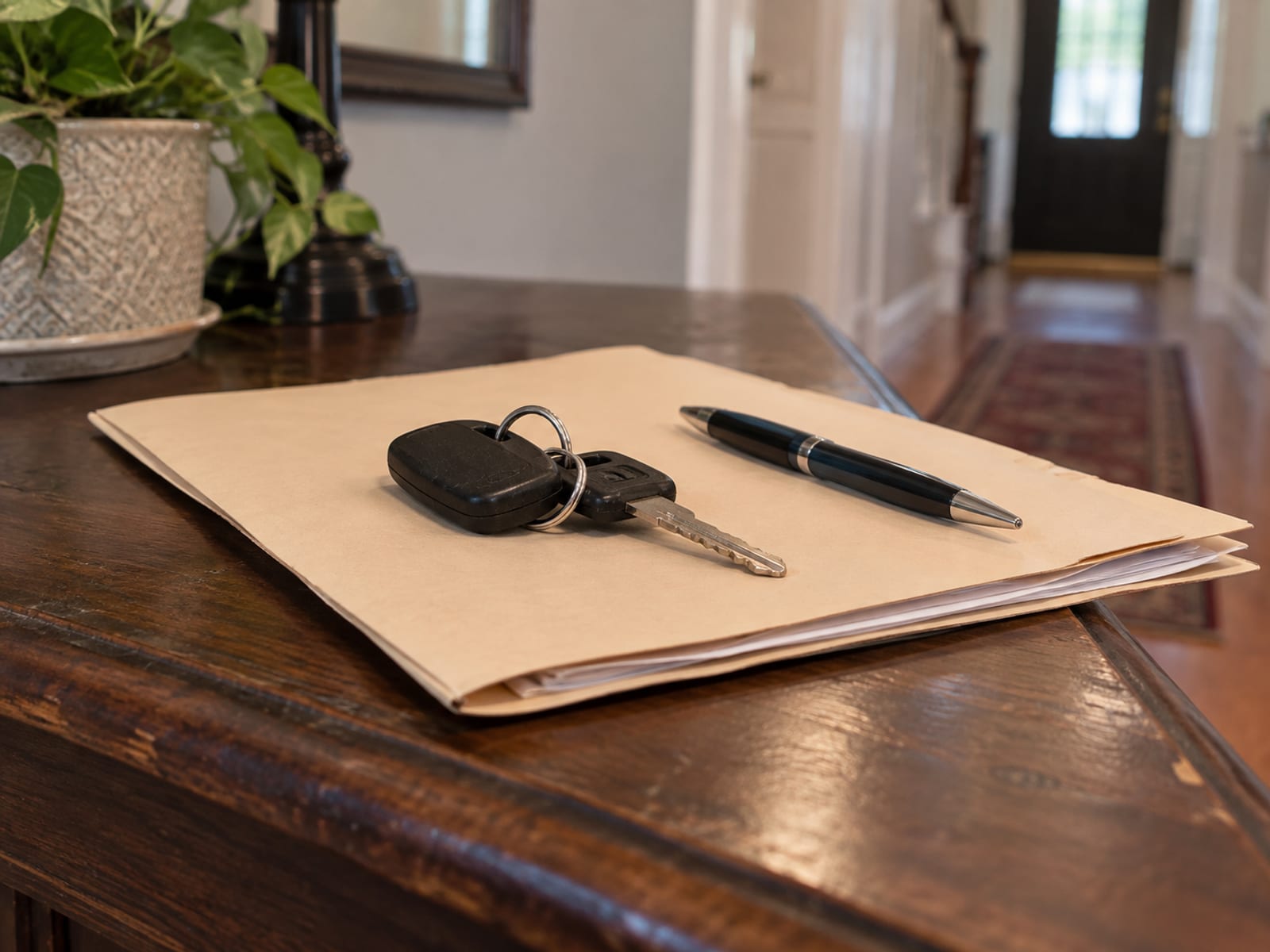 Car keys on a closed folder of loan papers beside a pen on a desk