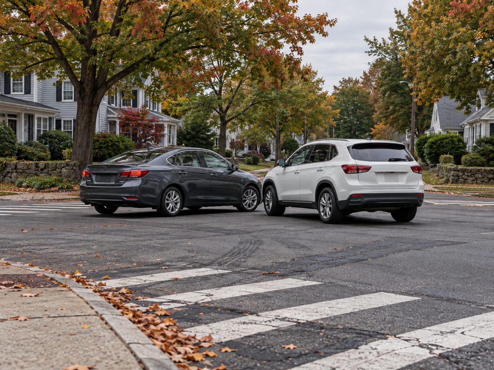 Two cars stopped near each other at a quiet suburban intersection in daylight