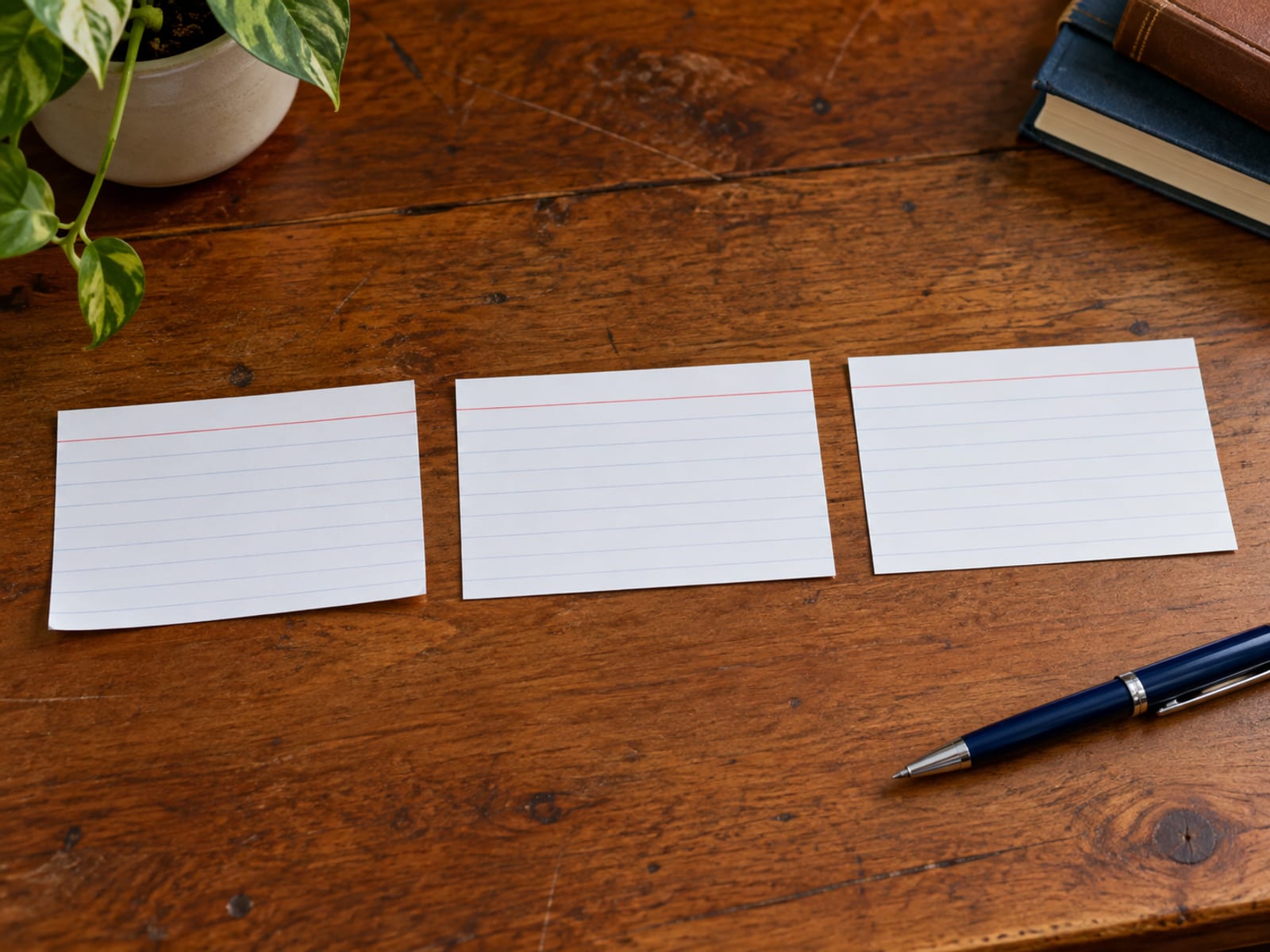 Three blank index cards lined up on a desk beside a pen