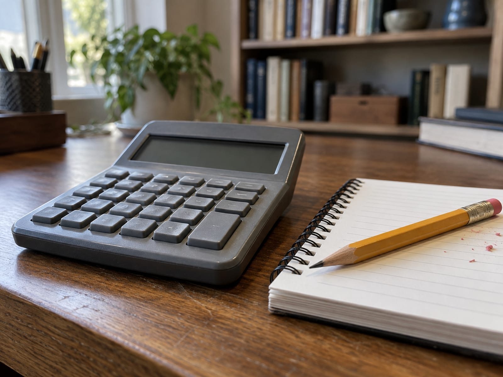 A desk calculator beside a blank notepad and a pencil on a wooden desk