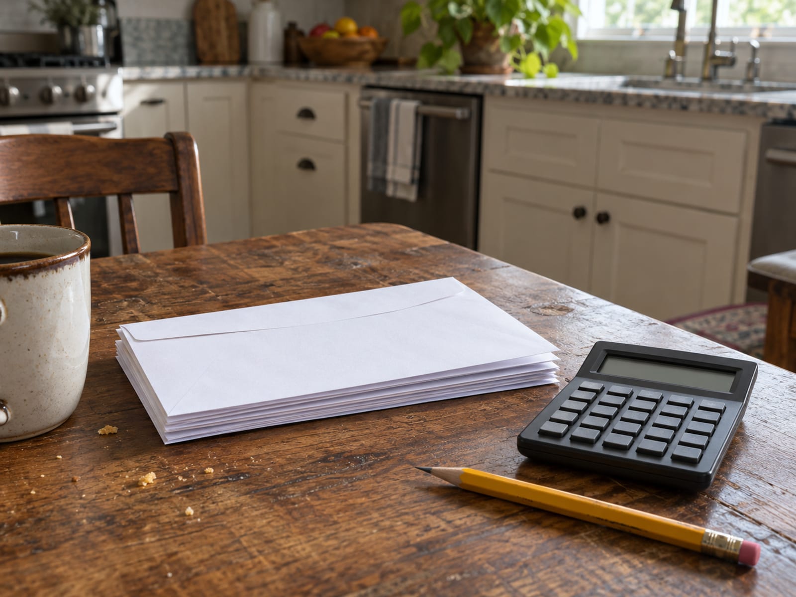A kitchen table with a stack of unopened envelopes, a calculator and a pencil in morning light