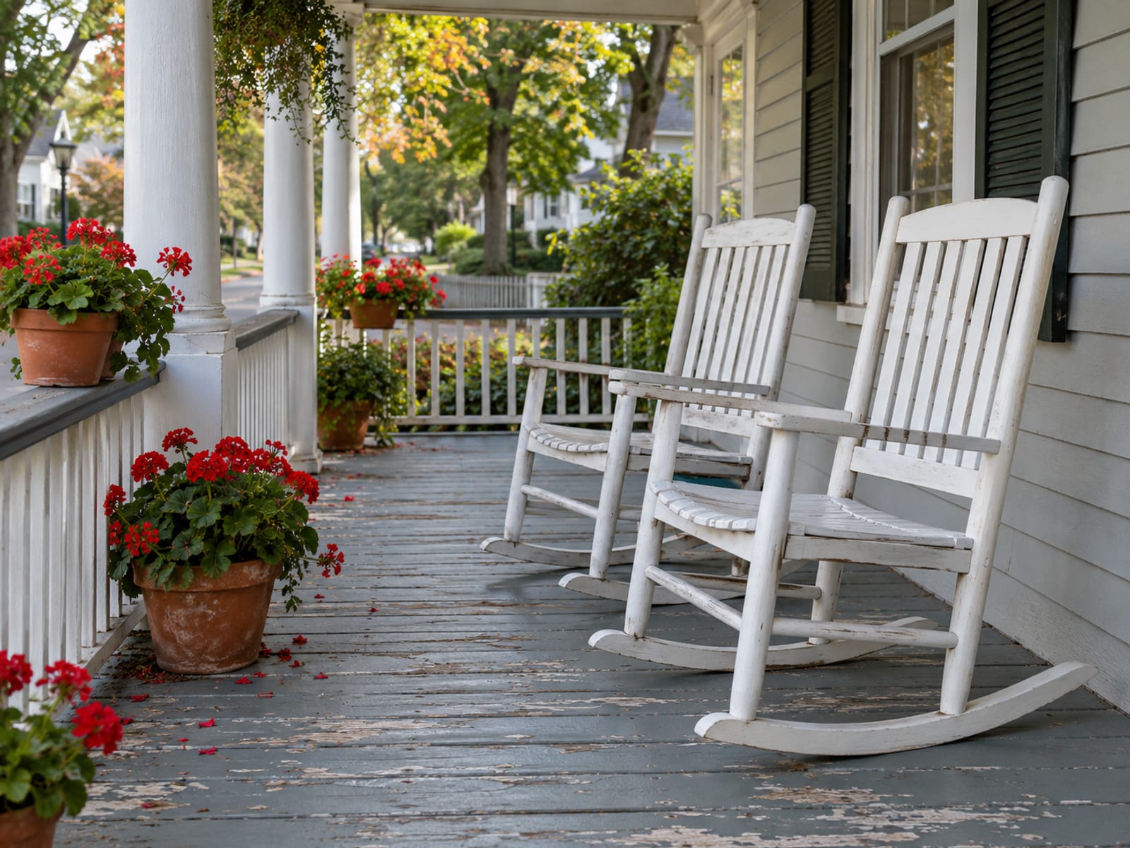 A quiet front porch with two empty rocking chairs and potted flowers in afternoon light