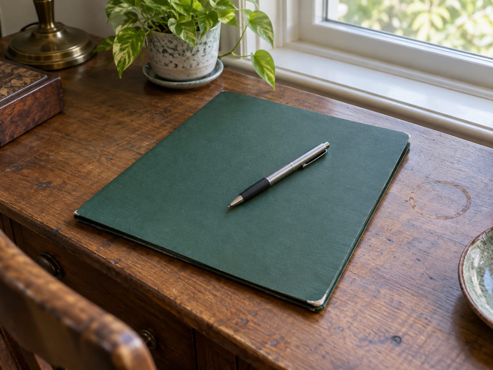 A closed folder and a pen resting on a wooden desk beside a window