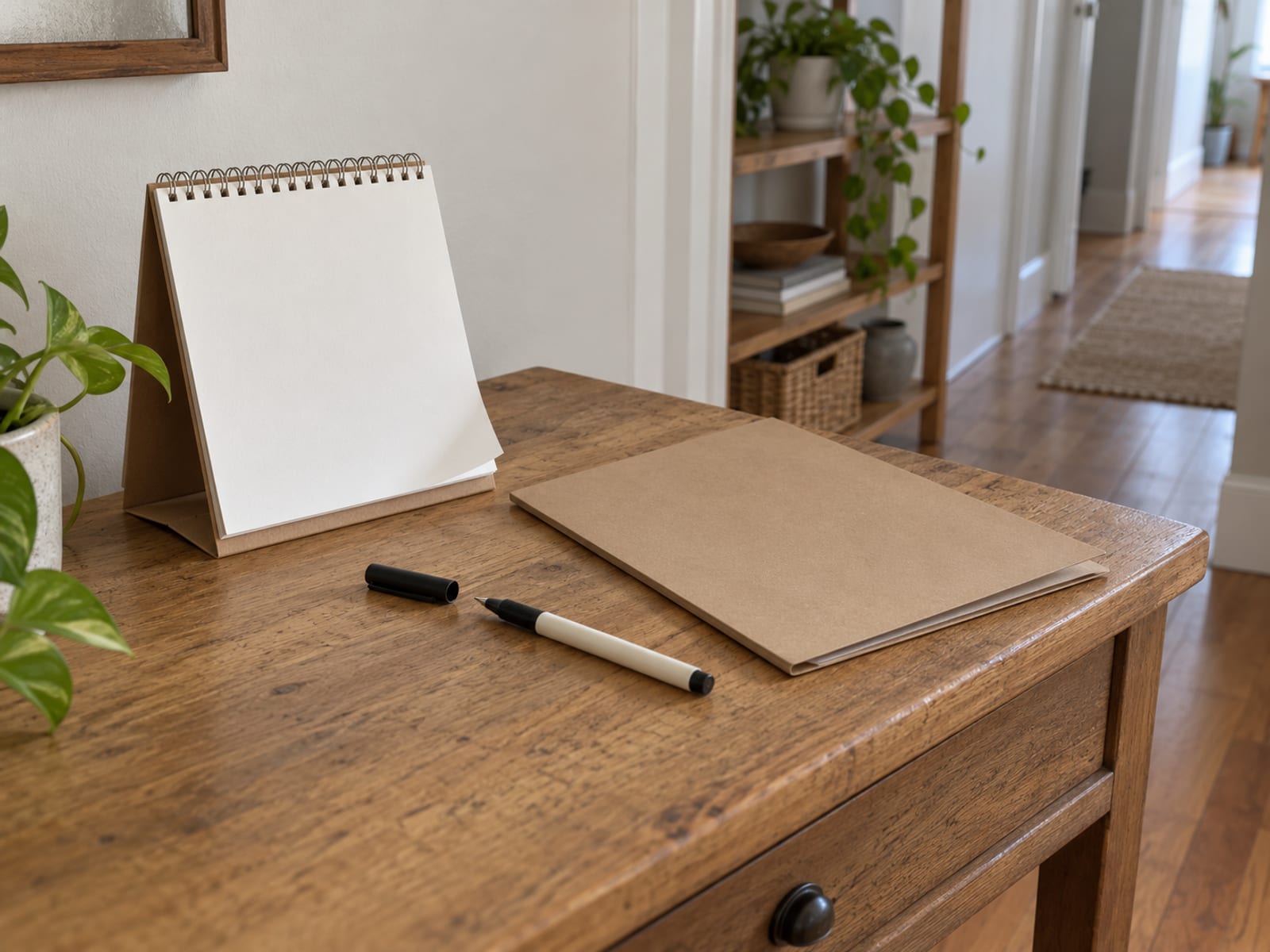 A desk calendar with blank pages beside a folder of papers and a pen