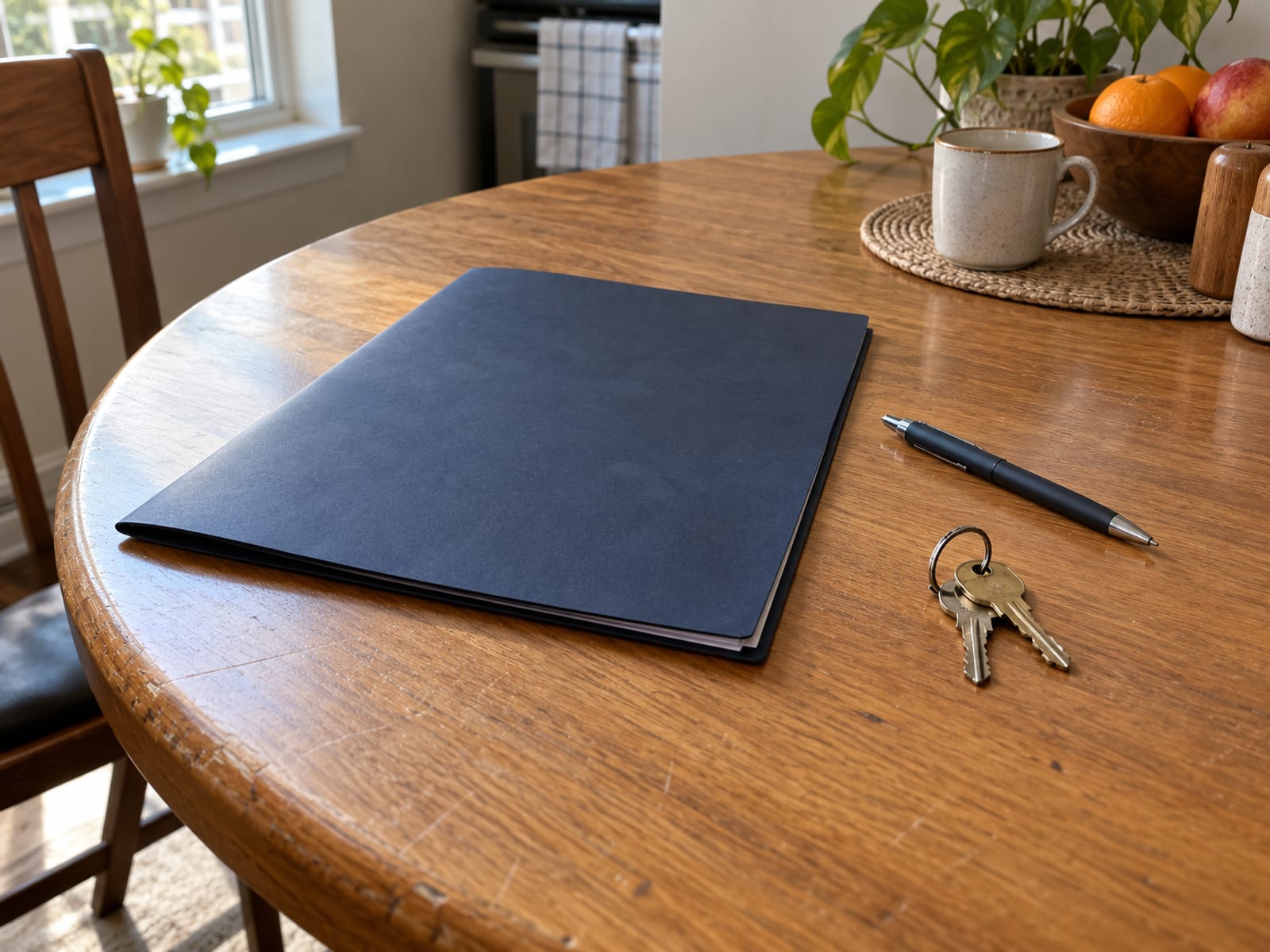A lease folder with a pen and a set of apartment keys on a table