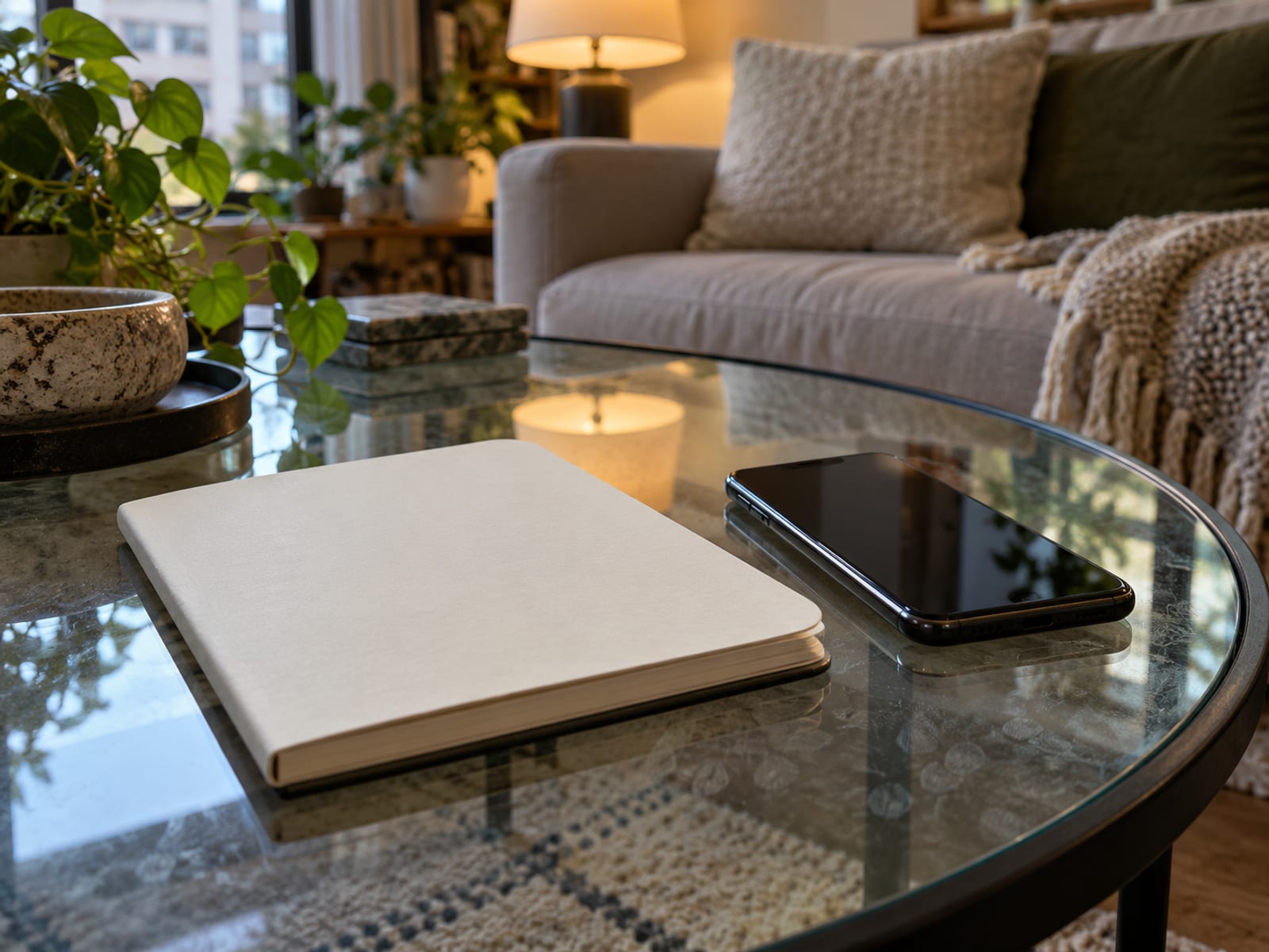 A notebook and a phone on a coffee table in a living room, ready for listing belongings
