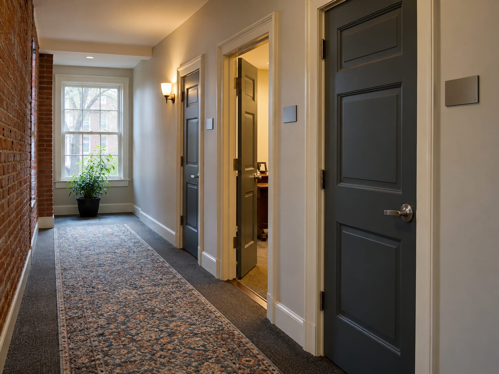 A row of three plain office doors along a quiet corridor, one of them standing open, with blank signs