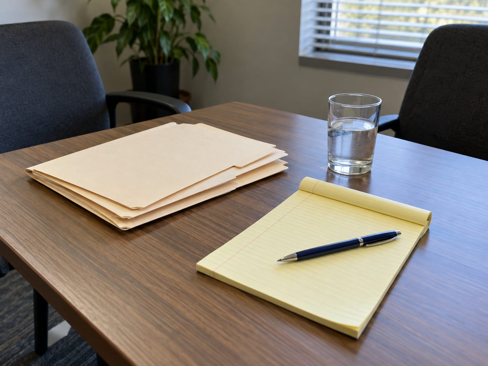 A neat stack of blank folders, a pen and a notepad on a meeting table, ready for a first conversation