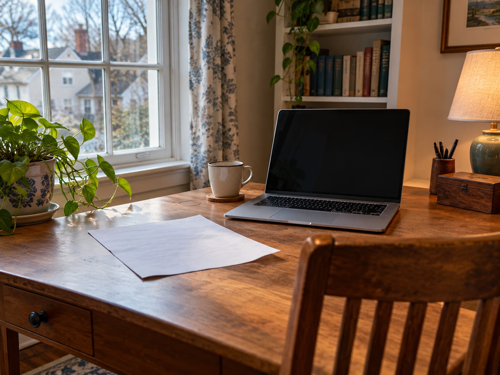 A person at a desk reading a printed record beside an open laptop with its screen turned away