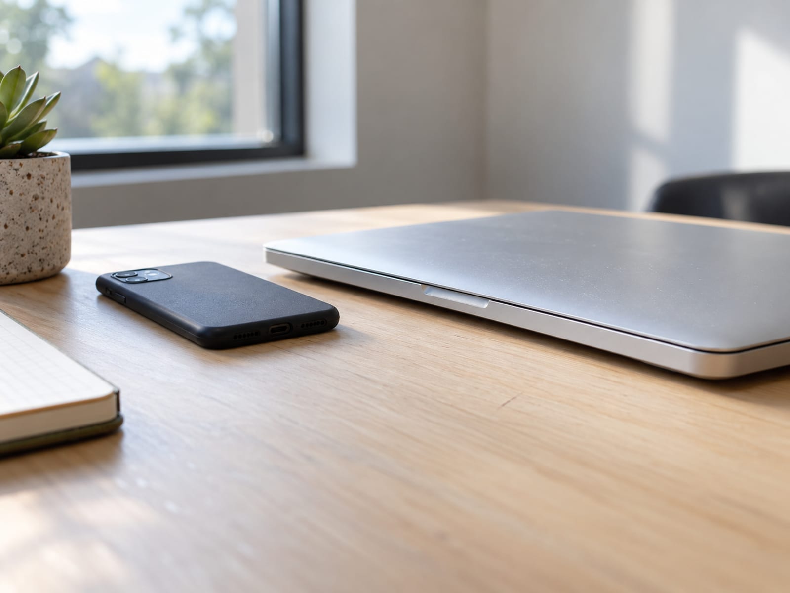 A smartphone lying face down beside a closed laptop on a desk, suggesting a pause before replying