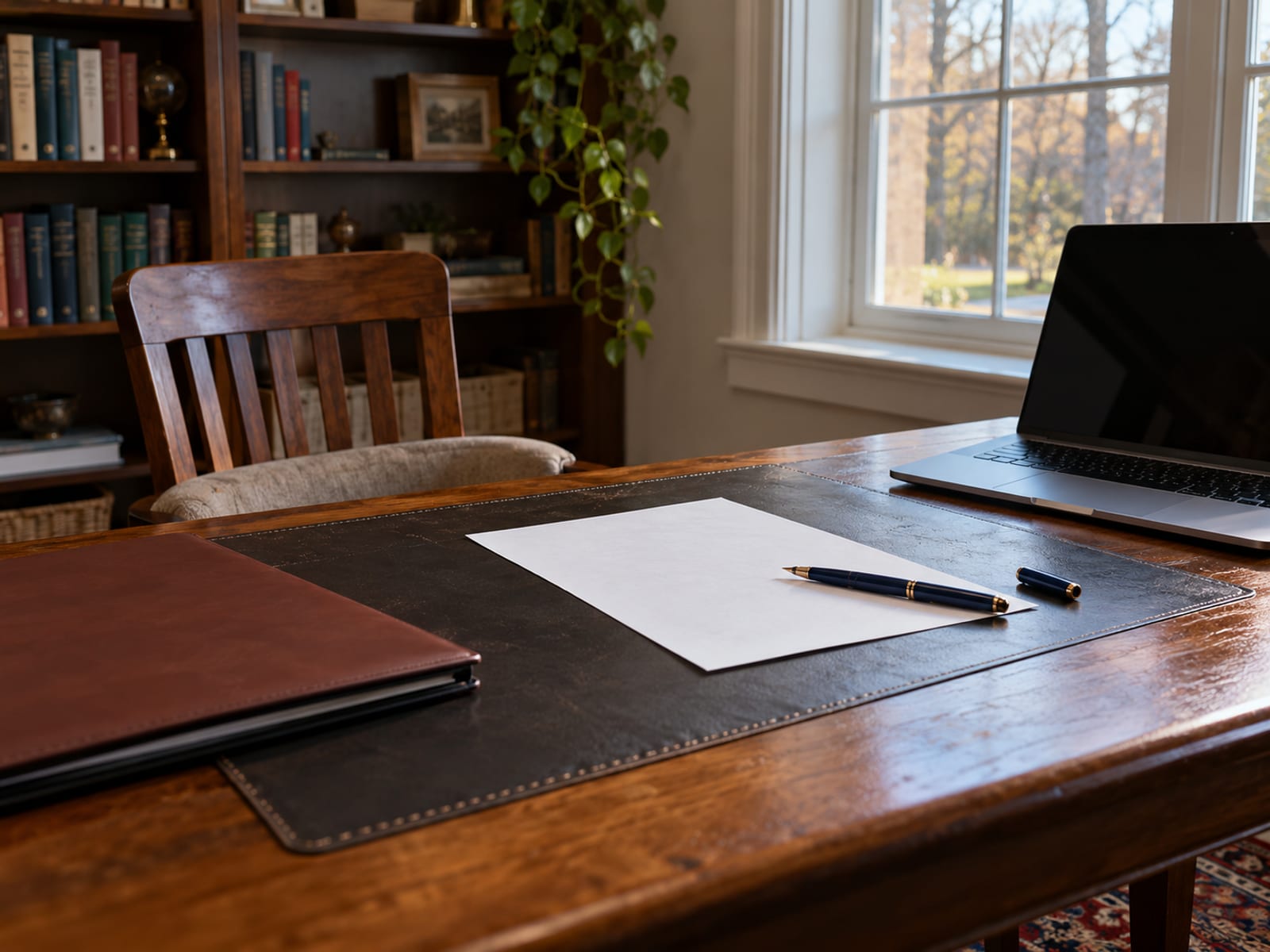 Hands writing a letter at a desk beside a folder and a laptop, face not shown