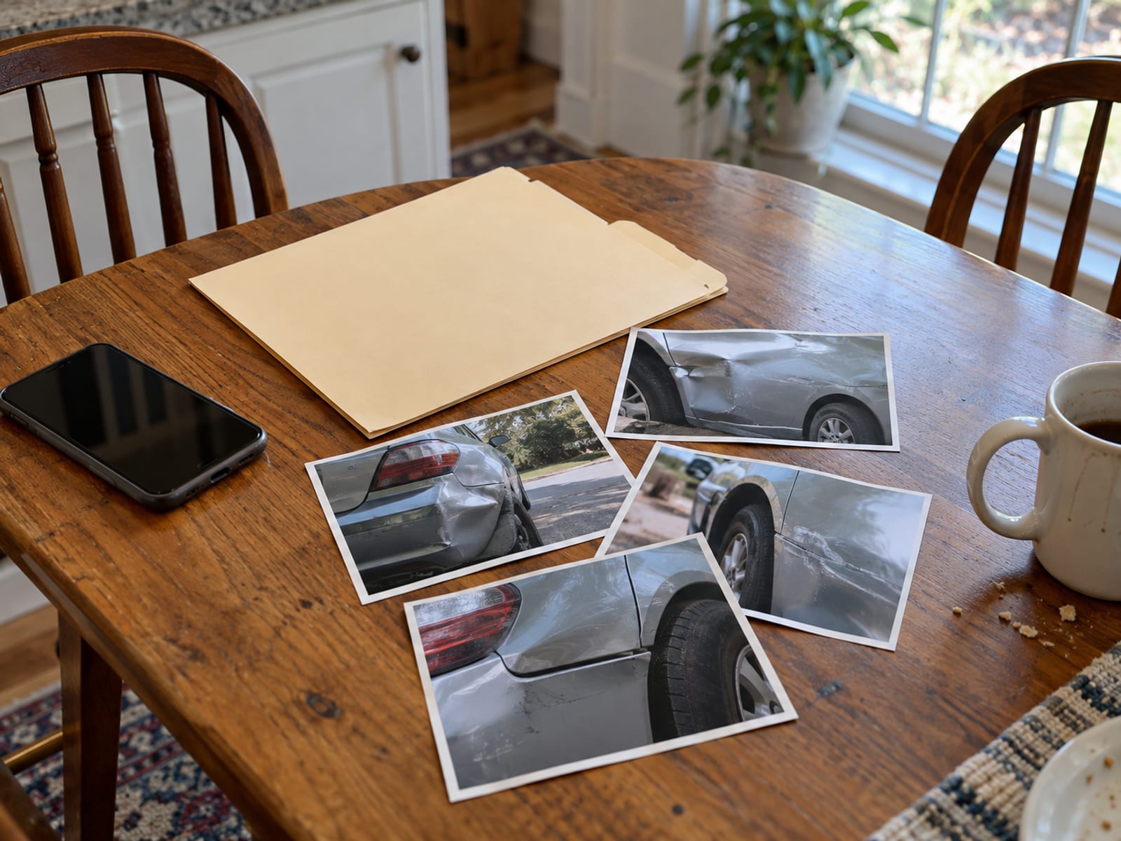 A folder, a phone and a few printed photos of car damage laid out on a table