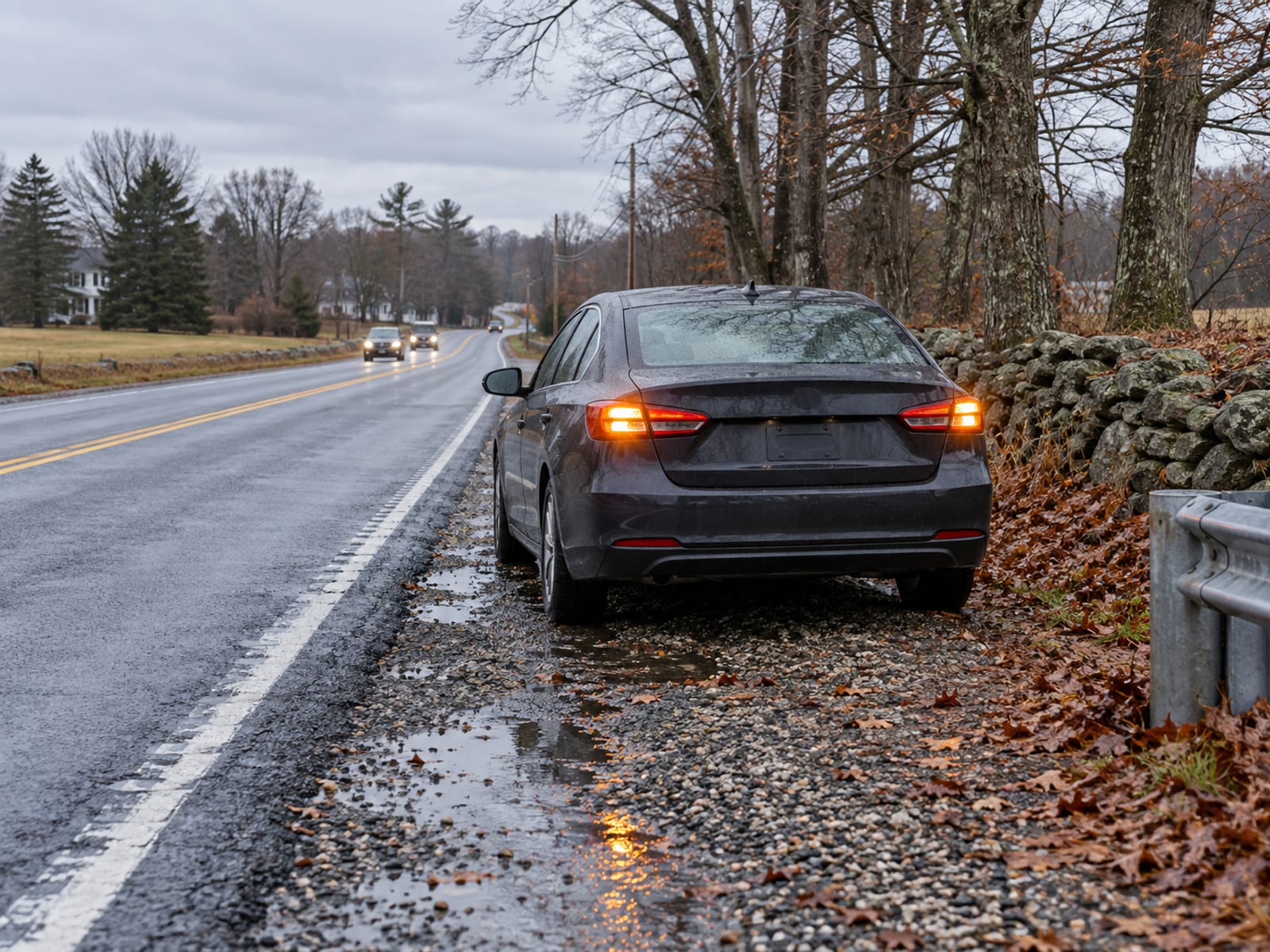 A sedan stopped on a roadside shoulder with its hazard lights on and light traffic passing in the distance